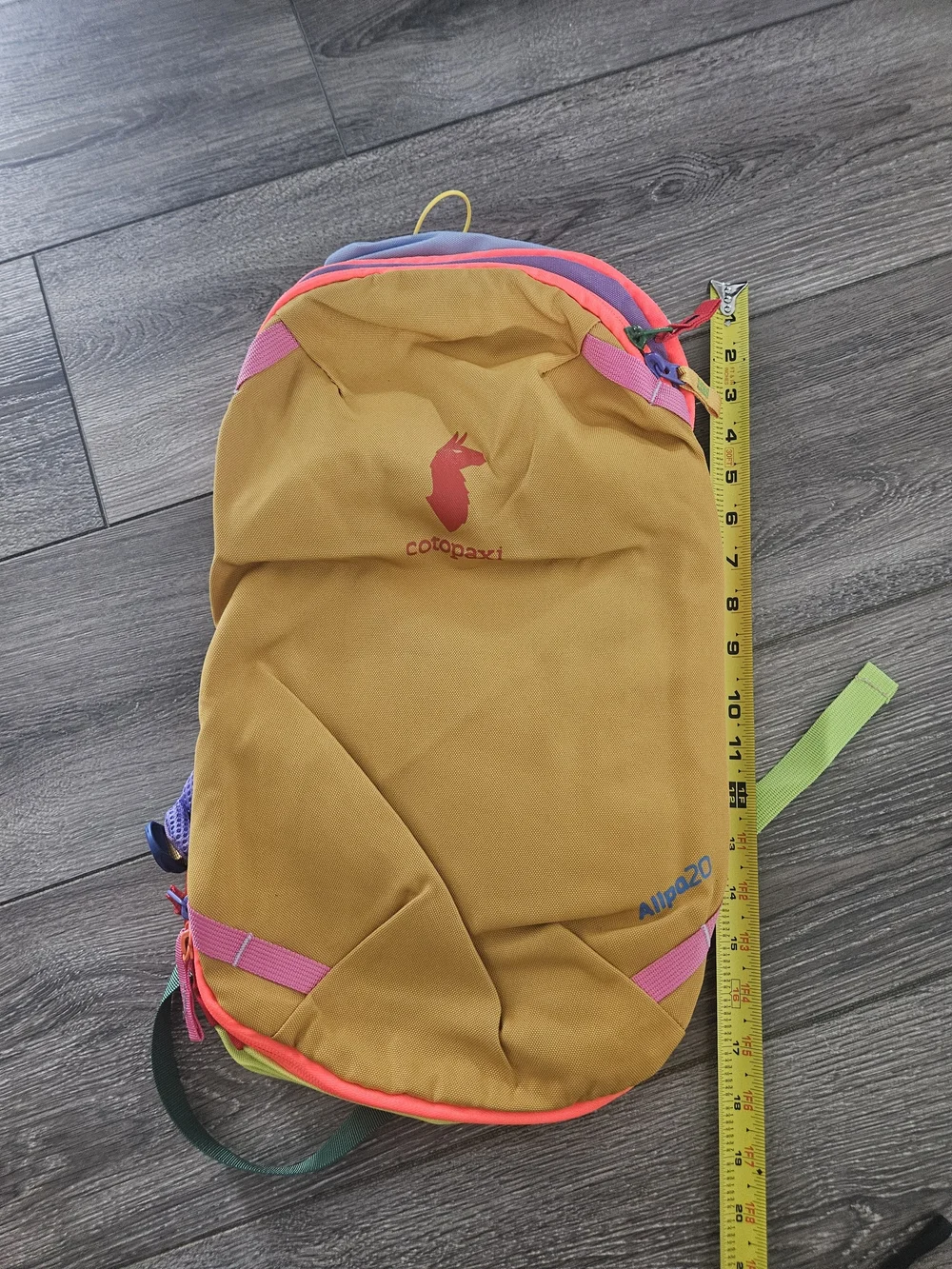 cotopaxi Allpa Daypack in mustard yellow with pink and purple accents